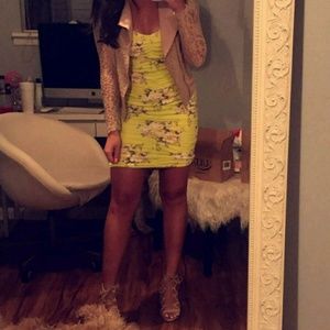 Ruched bright yellow floral dress.